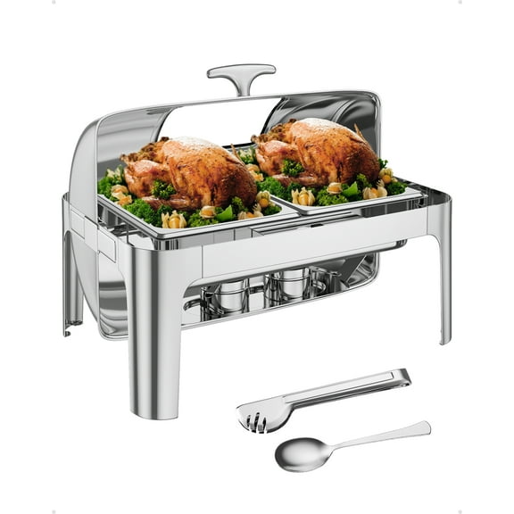 Chafing Dish, 9QT Stainless Steel Roll Top Chafer Visible Buffet Server for Resturant, Parties, Commercial Dish Buffet