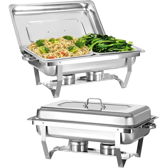 Chafing Dish for Buffet, 2 Pack 8QT Stainless Steel Chafing Servers Food Warmer Set with 4 x 1/2 Size Food Pan for Kitchen Party Banquet Dining, Silver