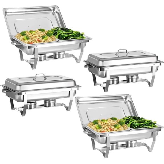 Chafing Dish for Buffet, 4 Pack 8QT Stainless Steel Chafing Servers Food Warmer Set with 8 x 1/2 Size Food Pan for Kitchen Party Banquet Dining, Silver