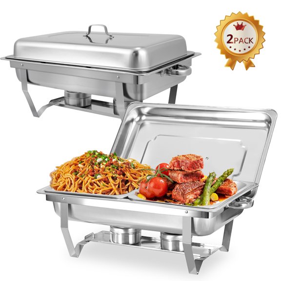 Chafing Dish Buffet Chafer Set 2 Pack 8 Qt Foldable Rectangular Stainless Steel Chafer Set with 2 Half Size Food Pans