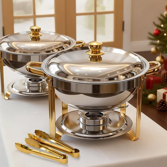 Chafing Dish Buffet Set with 2 Food Tongs,5.3 QT Stainless Steel Chafing Dishes Round Buffet Food Warmer Chafers Set for Parties Catering Event with Glass Lid, Lid Holder 2PCS