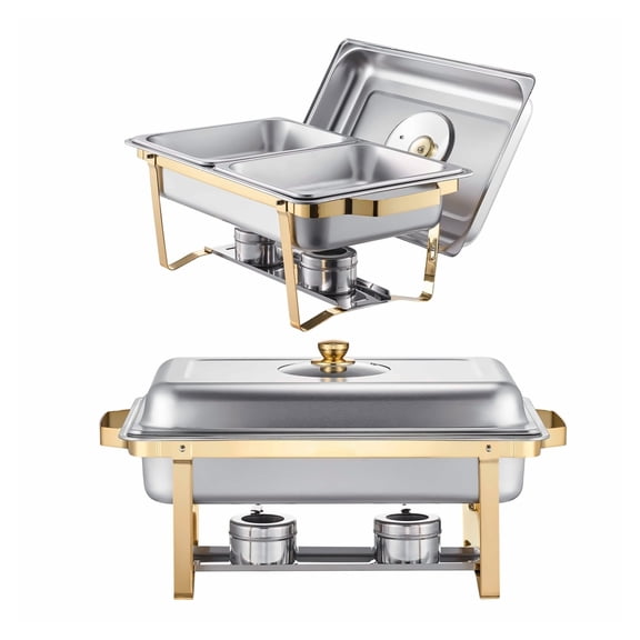 Chafing Dish Buffet Set 2 Pack - 4 Qt Stainless Steel Chafer with Half Size Pans, Glass Lid, Folding Stand - Wedding, Banquet, Catering Server