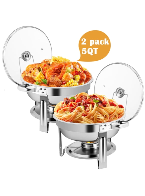 Chafing Dish Buffet Set, 2 Pack 5-Quart Round Buffet Chafe Warmer Set, 410 Stainless Steel Chafing Dish Buffet Food Warmer with Glass Lid & Holder