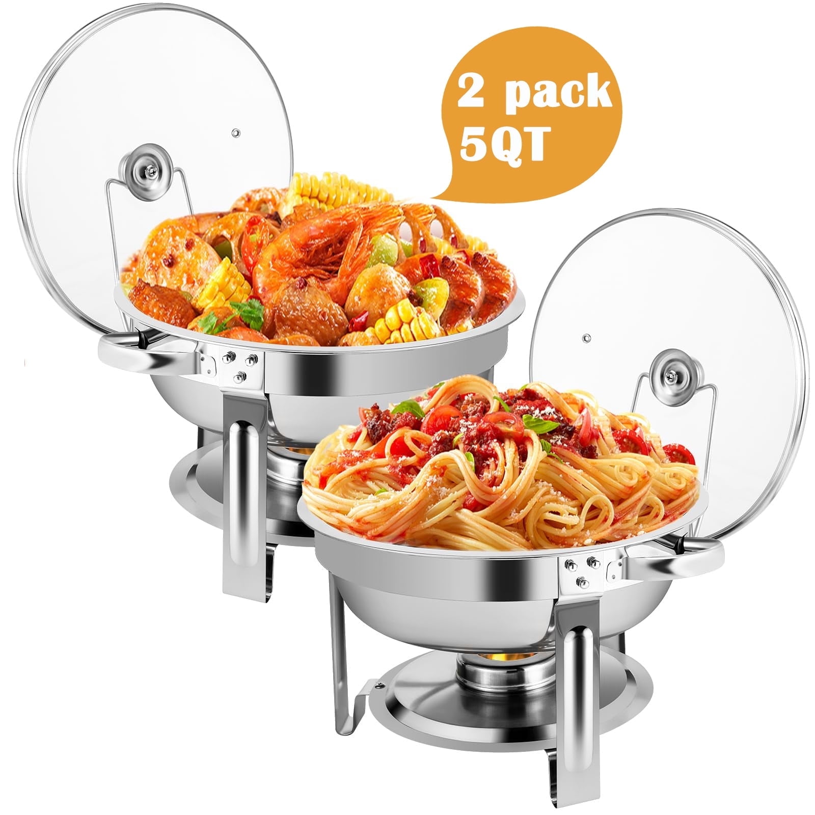 HOOFUN Chafing Dish Buffet Set, 2 Pack 5-Quart Round Buffet Chafe Warmer Set, 410 Stainless Steel Chafing Dish Buffet Food Warmer with Glass Lid & Holder