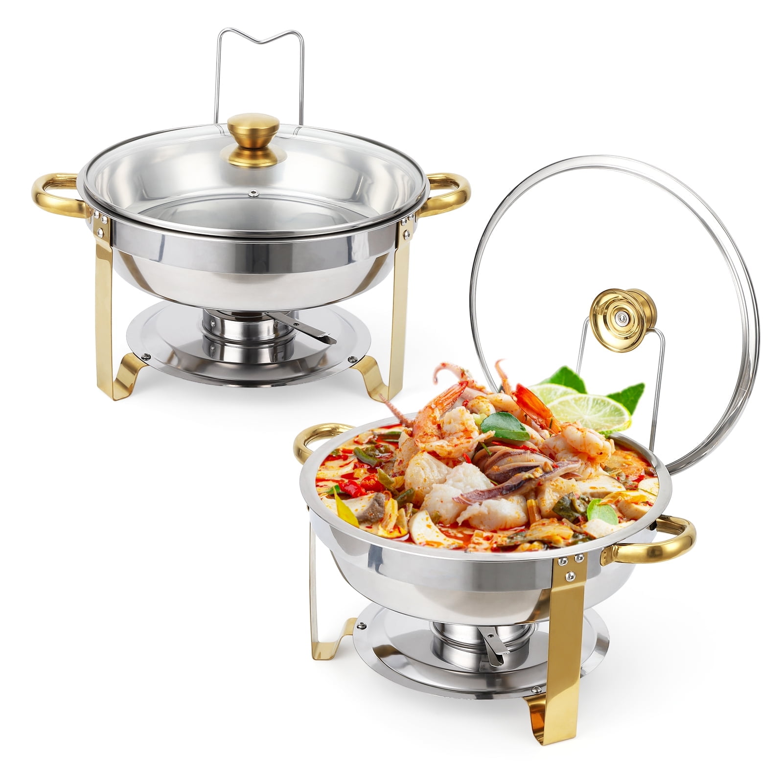Gold Stainless Steel Round Chafing Dish Buffet Set with Glass Lid, 5QT, 2-Pack
