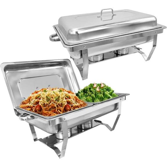 Chafing Dish Buffet Set 2 Pack, 8QT Half Size Stainless Steel Chafer for Catering, Upgraded Chafers and Buffet Warmer Sets with Food & Water Pan, Lid, Frame, Fuel Holder
