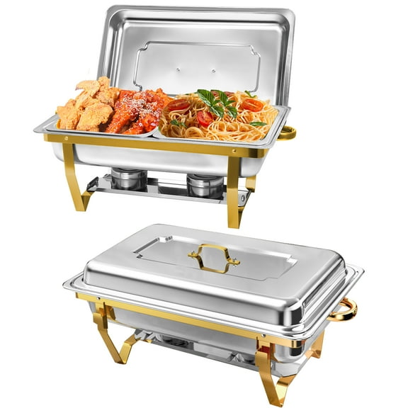 Chafing Dish Buffet Set 2 Pack Half Size: Jacgood 8QT Stainless Steel Rectangle Gold Chafing Dishes Food Warmers for Parties, Events, Wedding