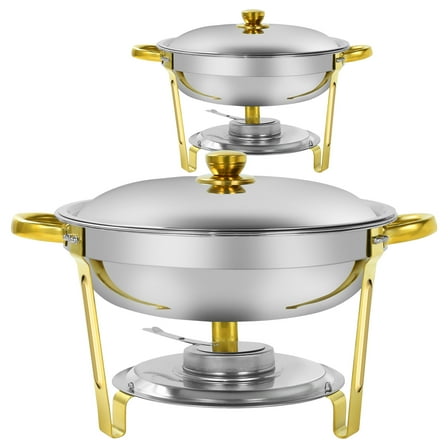 Chafing Dish Buffet Set 2 Pack, Jacgood 5QT Stainless Steel Gold Chafing Dishes for Buffet with Lid, Round Chafers and Buffet Warmers Sets for Parties, Events, Wedding, Camping, Dinner