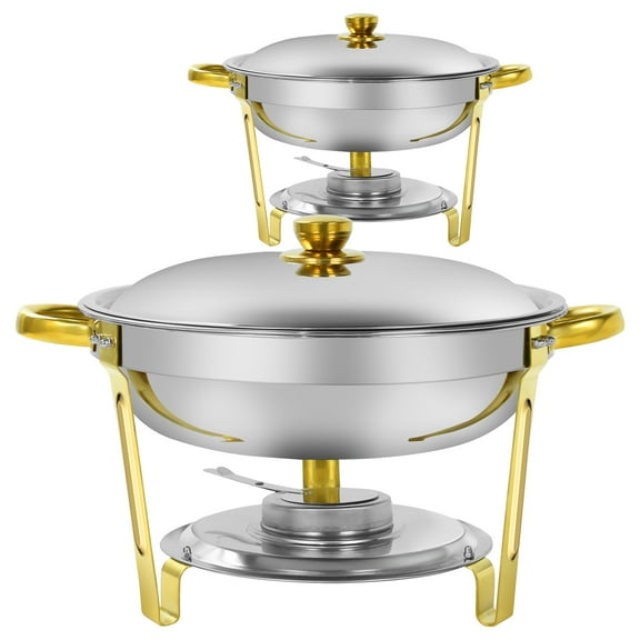 Chafing Dish Buffet Set 2 Pack, Jacgood 5QT Stainless Steel Gold Chafing Dishes for Buffet with Lid, Round Chafers and Buffet Warmers Sets for Parties, Events, Wedding, Camping, Dinner