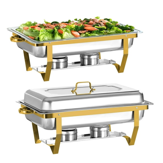 Chafing Dish Buffet Set 2 Pack, Jacgood 8QT Stainless Steel Chafing Dishes for Buffet, Chafers and Buffet Warmers Sets for Parties, Events, Wedding, Camping, Dinner-Gold
