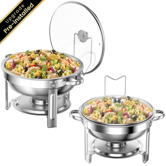 Chafing Dish Buffet Set 2 Pack: TINANA 5QT Stainless Steel Chafing Dishes for Buffet with Glass Lid & Lid Holder, Round Chafers and Buffet Warmers Sets for Parties, Events, Wedding, Camping, Dinner