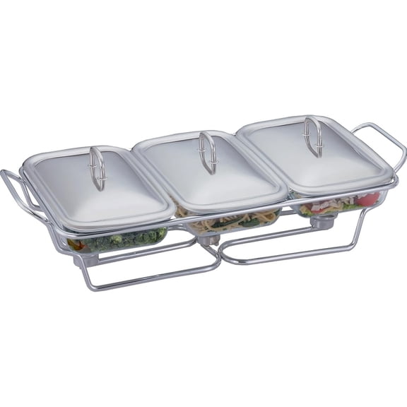 3 Section Chafing Dish Buffet Server, 3 x 1.5 Qt Glass Food Warmer with Stainless Steel Stand & Lids