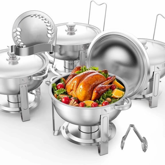 Chafing Dish Buffet Set, 4 Pack - 5 Qt Stainless Steel Chafer with Full Size Pans, Round Server for Weddings, Parties, Banquets - Silver