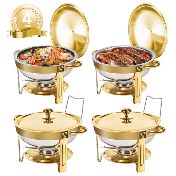 Chafing Dish for Buffet Set, 4 Pack 5QT Buffet Servers and Warmers Set with Lid Holder, Gold and Silver Stainless Steel Round Chafers for Catering, Food Warmers for Parties, Dinners, Wedding