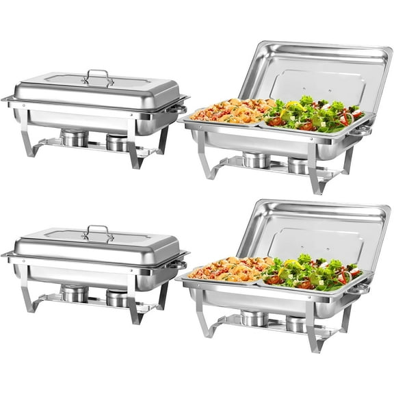 Chafing Dish Buffet Set, 4 Pack 8 Qt, Stainless Chafer w/ 8 Half Size Pans, Rectangle Catering Warmer Server w/Lid Water Pan Folding Stand Fuel Tray Holder, at Least 8 People Each