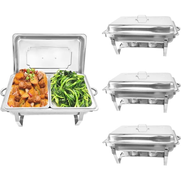 Chafing Dish Buffet Set, 4 Pack 8 Qt, Stainless Chafer w/ 8 Half Size Pans, Rectangle Catering Warmer Server w/Lid Water Pan Folding Stand Fuel Tray Holder, at Least 8 People Each