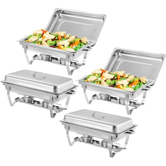 Chafing Dish Buffet Set 4 Pack, 8 Qt Stainless Steel Chafer Buffet Servers and Warmers Sets with Lid Folding Frame, Rectangular Chafing Dishes for Parties, Weddings, Catering Events, Silver
