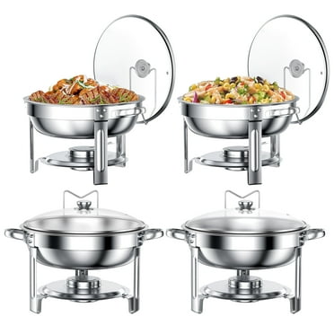 Chafing Dish Buffet Set 4 Pack: TINANA 5QT Stainless Steel Chafing Dishes for Buffet with Glass Lid & Lid Holder, Round Chafers and Buffet Warmers Sets for Parties, Events, Wedding, Camping, Dinner