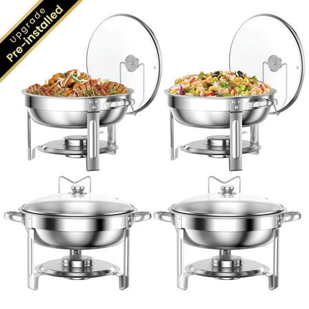 Chafing Dish Buffet Set 4 Pack: TINANA 5QT Stainless Steel Chafing Dishes for Buffet with Glass Lid & Lid Holder, Round Chafers and Buffet Warmers Sets for Parties, Events, Wedding, Camping, Dinner