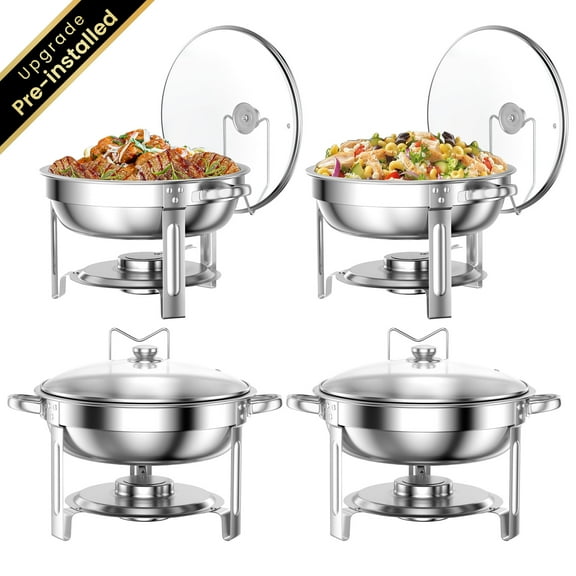Chafing Dish Buffet Set 4 Pack: TINANA 5QT Stainless Steel Chafing Dishes for Buffet with Glass Lid & Lid Holder, Round Chafers and Buffet Warmers Sets for Parties, Events, Wedding, Camping, Dinner