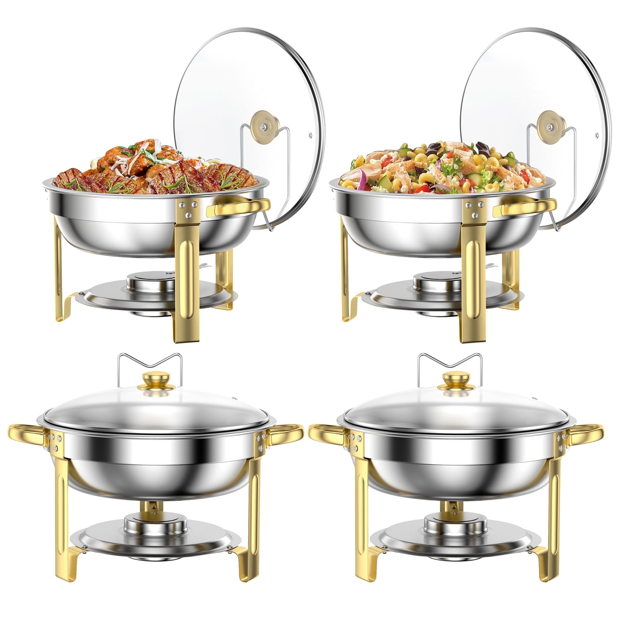 Chafing Dish Buffet Set 4 Pack: TINANA 5QT Stainless Steel Chafing Dishes with Glass Lid & Lid Holder, Round Food Warmers for Parties, Events, Wedding-Gold