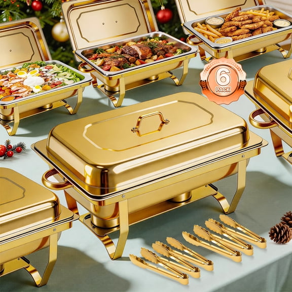 Chafing Dish Buffet Set 6 Pack,9QT Gold Stainless Steel Chafing Dishes for Buffet with Lids&Food Tongs,Food Warmer Set for Parties, Events, Wedding, Camping