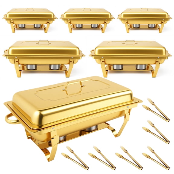 Chafing Dish Buffet Set 6 Pack,9QT Gold Stainless Steel Chafing Dishes for Buffet with Lids&Food Tongs,Food Warmer Set for Parties, Events, Wedding, Camping