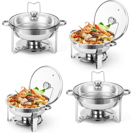 Chafing Dish Buffet Set,6QT Food Servers and Warmers Stainless Steel Round Chafing Dishes With Glass Lid & Lid Holder for Parties Catering Wedding Banquets,