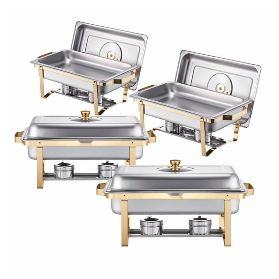 Chafing Dish Buffet Set, 8 Qt 4 Pack Stainless Steel Chafer - Wedding Party Banquet Catering Server with Glass Lids & Folding Stands