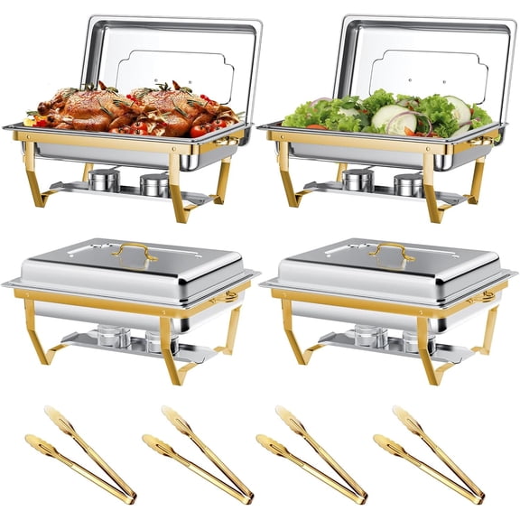 Chafing Dish Buffet Set 9QT 4 Pack, Gold Chafing Dishes for Buffet with 4 Serving Tongs, Buffet Set Full Size Large Serving Chafing Dishes, Warming Food Tray for Catering & New Year Parties