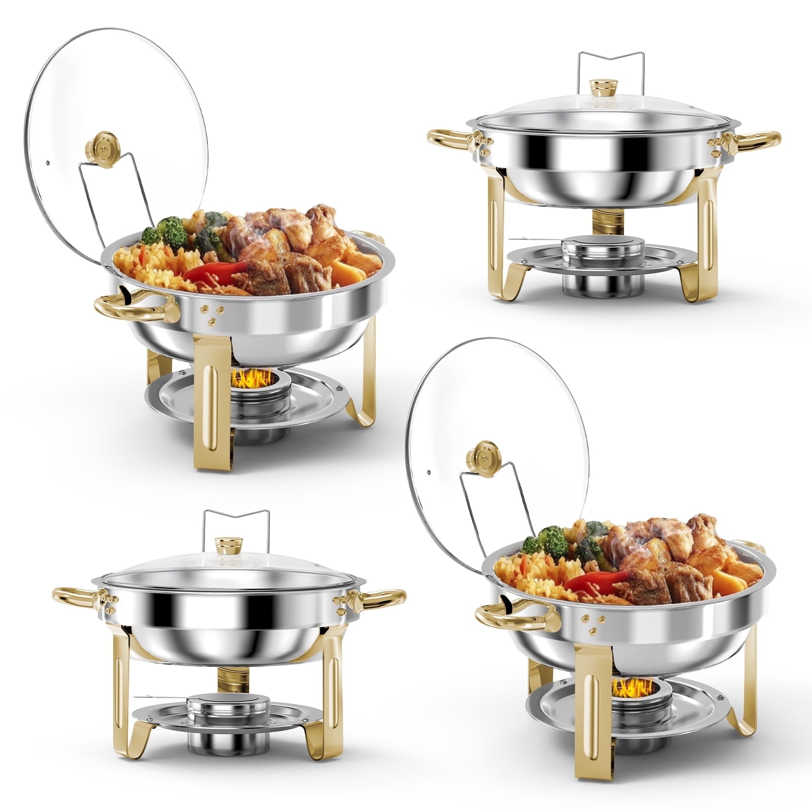 Gold Stainless Steel Round Chafing Dish Buffet Set, 4 Pack