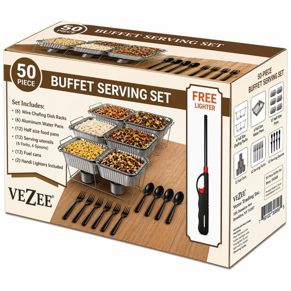 VeZee 50 Piece All-in-One Chafing Dish Buffet Set with Racks, Fuel Cans & Serving Utensils for Catering, Parties & Events