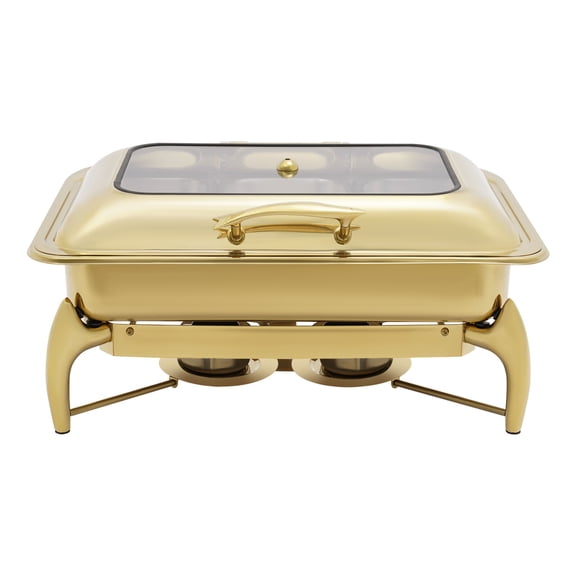 Chafing Dish, Gold Rectangular 3 Compartment Chafer, 201 Stainless Steel with Tempered Glass Lid, Large Capacity for Buffet Party Catering