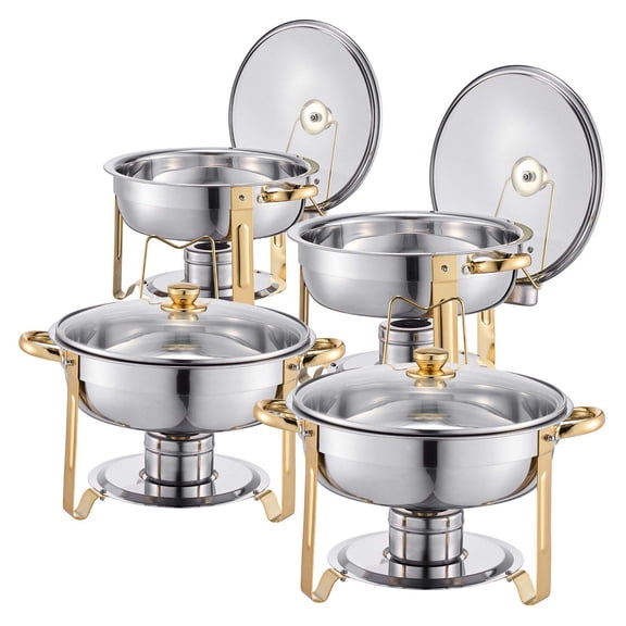 Chafing Dish Set 5 Qt 4 Pack, Round Buffet Server, Stainless Steel Gold Full Size