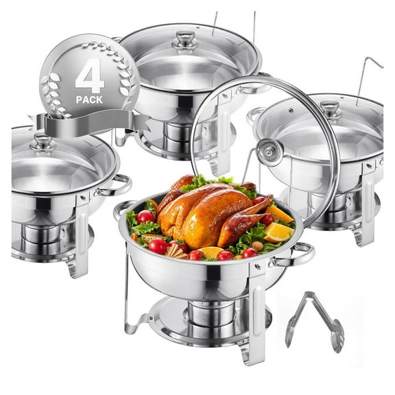 Chafing Dish Set 5 Qt 4 Pack, Round Stainless Steel Buffet Server, Silver Full Size Food Warmer for Catering, Weddings, Parties