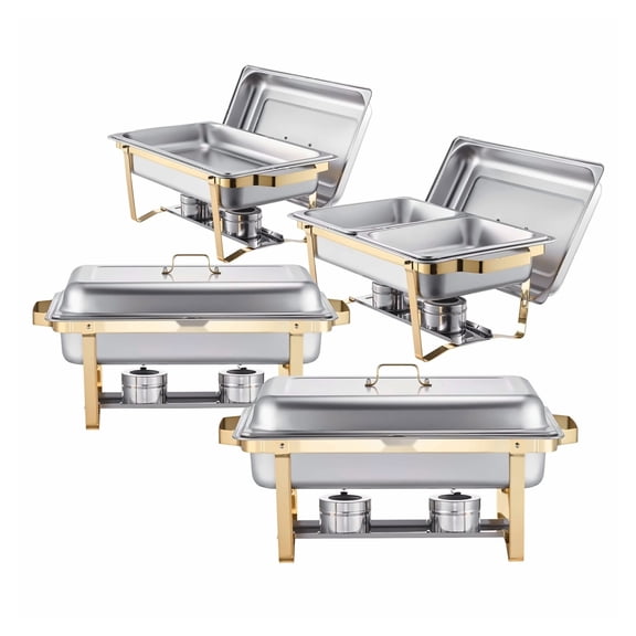 Chafing Dish Set 8 Qt 4 Pack - Stainless Steel Buffet Server - Gold Rectangular Chafer with Full & Half Size Pans, Lid & Stand - Catering Warmer for Weddings & Parties