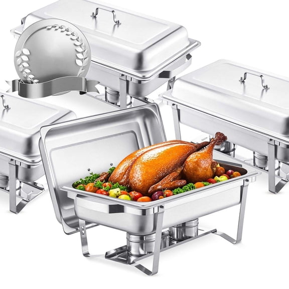 Chafing Dish Set 8 Qt 4-Pack, Stainless Steel Buffet Server, Rectangle Catering Warmer with Lids & Fuel Holders for Weddings & Parties