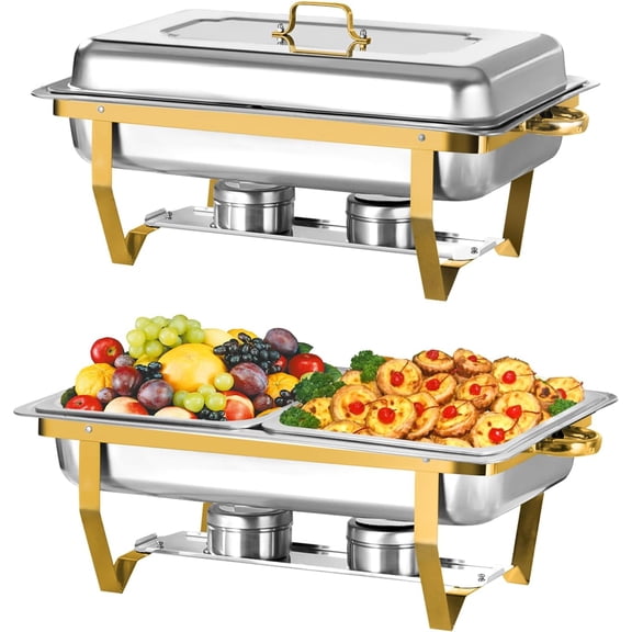 Chafing Dish for Buffet, 2 Pack 8QT Stainless Steel Chafing Servers Food Warmer Set with 4 x 1/2 Size Food Pan for Kitchen Party Banquet Dining, Gold