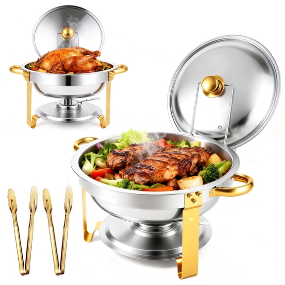 Chafing Dishes 2PK, 5.3QT Round Chafing Dish Buffet Set Stainless Steel Buffet Food Warmers Set for Catering Events Party Dinner with Complete Set, Gold and Silver Chafing Dishes for Party