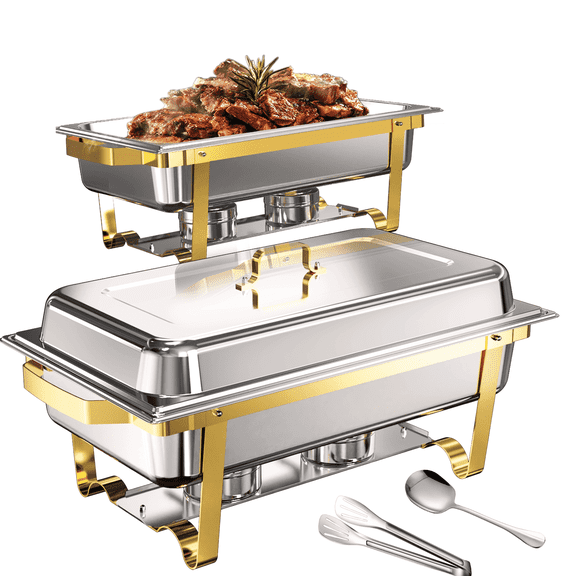 NEWKITCHEN 11 QT Chafing Dish Buffet Set [Elegant Gold and Silver Colors] 2 pack Stainless Steel Buffet Stove Set with a Spoon and a Dining Clip for Parties