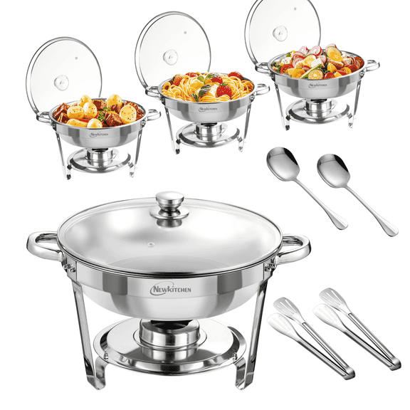 NEWKITCHEN  5 QT Stainless Steel Chafing Dishes Buffet  [Transparent Glass Cover]  4 pack Heat Preservation Set with Dinner Spoon and Dining Clip