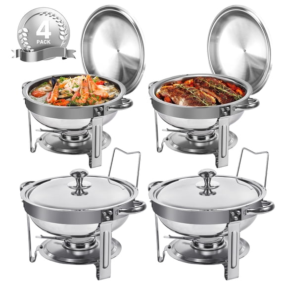 Open Box Chafing Dishes for Buffet, 4 Pack 5QT Round Stainless Steel Chafing Dish Set for Home Parties, Christmas Gatherings, Catering Events Complete Buffet Warmer Set (Silver 4)