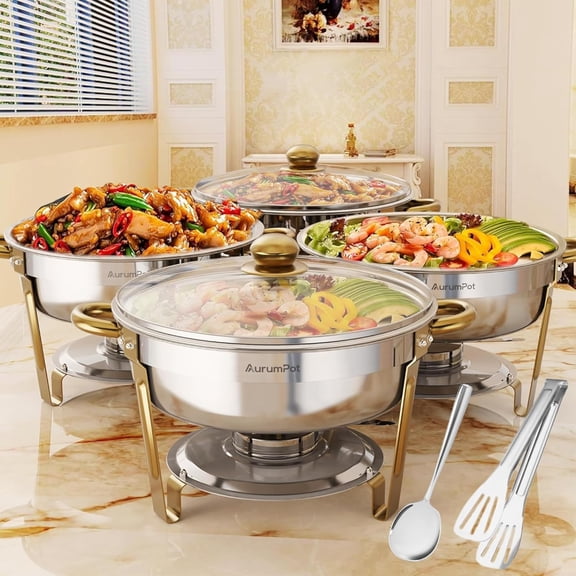 Chafing Dishes for Buffet 4 Pack, 6QT Food Warmers for Parties Buffet, Christmas Gatherings Visible Glass Cover Stainless Steel Round Chafing Dish Buffet Set, Buffet Servers and Warmers