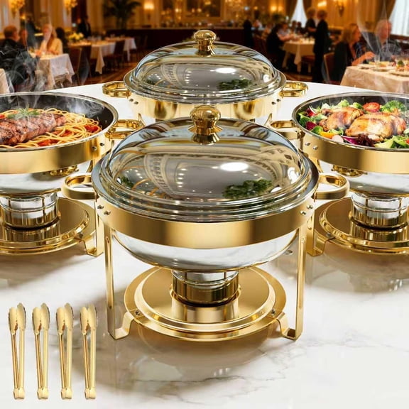 Chafing Dishes for Buffet 4 Pack 6QT Gold Stainless Steel Round Chafing Dish Food Warmers Buffet Set with Durable Frame and Easy Assembly for Parties Weddings Christmas Gatherings Catering