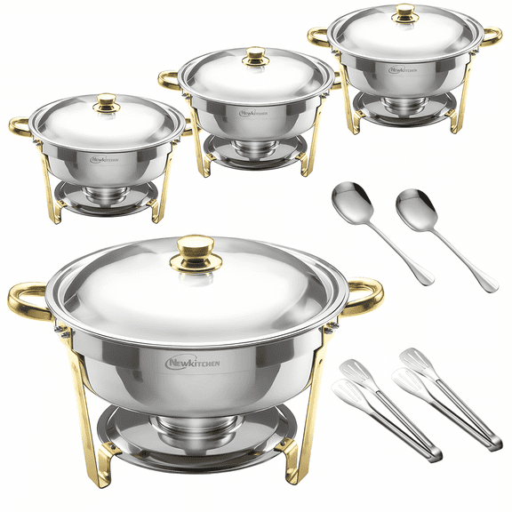 NEWKITCHEN  6QT Chafing Dishes for Buffet [Elegant Gold Embellishes Silver] Stainless Steel Buffet Stove Set 4 Pack with Spoon and Clip for Any Party