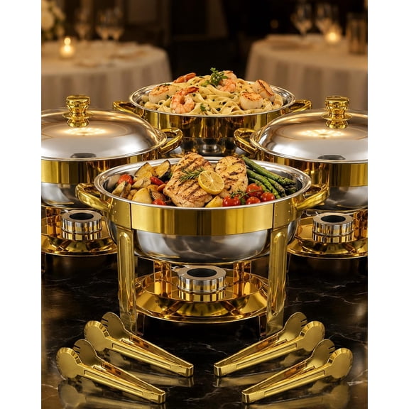 Chafing Dishes for Buffet, 4 Pack 6QT Round , Pre-Assembled | Stainless Steel Buffet Set with Bonus 4 Serving Tongs, -Screw Lid, Stackable Storage for Weddings, Catering & Parties