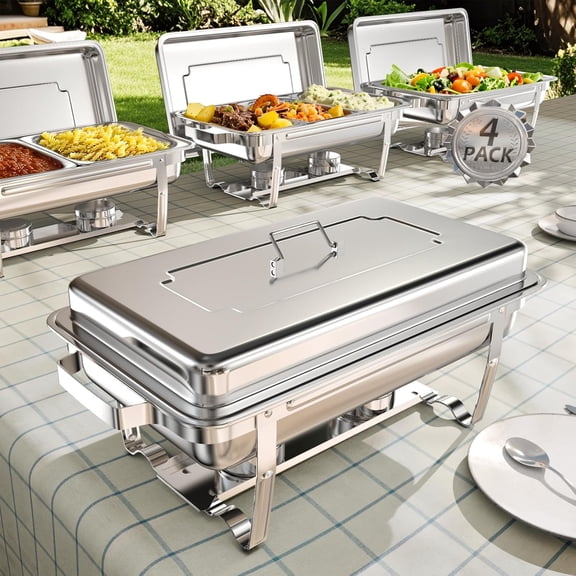 Chafing Dishes for Buffet 4-Pack 9Qt, Multi-Compartment Pans Tool-Free Setup, Foldable Stackable Chafing Dish Buffet Set Stainless Steel for Party Catering Wedding, Silver
