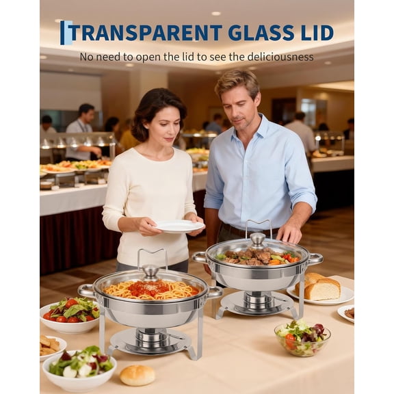 Chafing Dishes for Buffet, 5QT Buffet Servers and Warmers Set of 2, Round Chafing Dishes with Glass Lid, Stainless Steel Food Warmers for Parties, Catering Supplies for Wedding, Banquet, Silver