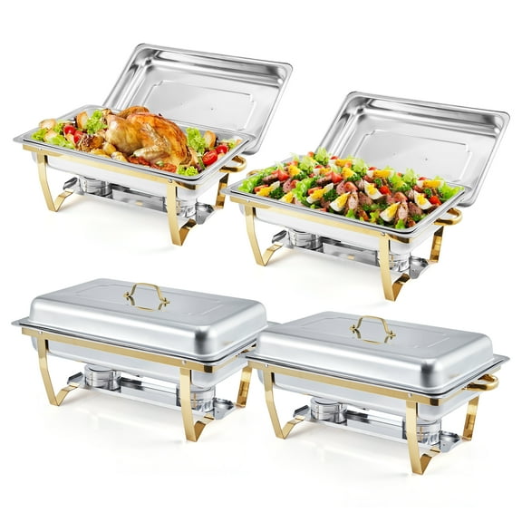 Chafing Dishes for Buffet, 8 Qt Stainless Steel Chafers and Buffet Warmers Sets With Lid, Rectangle Serving Food Warmer Catering Supplies Buffet Display for Parties（2/4Pack, Silver/Gold）