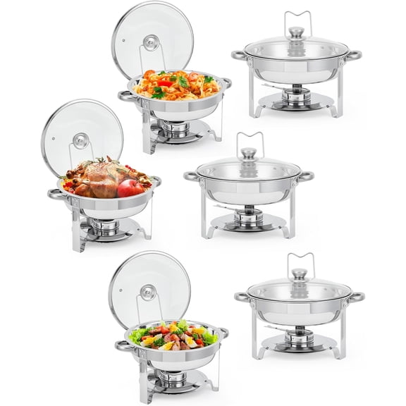 Chafing Dishes for Buffet Set of 2/4/6, 5 QT Round Buffet Servers and Food Warmer Set with Glass Lid, Holder & Drip Tray, Stainless Steel Chafers for Catering Parties Wedding Banquet, Silver